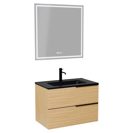 HD Cremona Hickory 60 komplett fürdőszoba bútor fali mosdószekrénnyel, matt fekete fogantyúkkal, matt fekete slim mosdóval és tükörrel