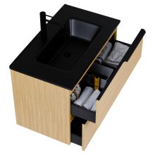 HD Cremona Hickory 60 komplett fürdőszoba bútor fali mosdószekrénnyel, matt fekete fogantyúkkal, matt fekete slim mosdóval és tükörrel