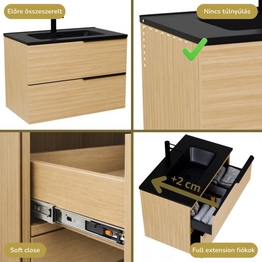 HD Cremona Hickory 60 komplett fürdőszoba bútor fali mosdószekrénnyel, matt fekete fogantyúkkal, matt fekete slim mosdóval és tükörrel