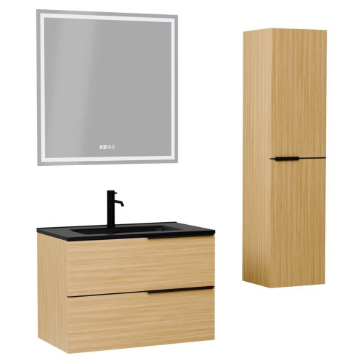 HD Cremona Hickory 60 komplett fürdőszoba bútor szett fali mosdószekrénnyel, matt fekete fogantyúkkal, matt fekete slim mosdóval, tükörrel és magas szekrénnyel