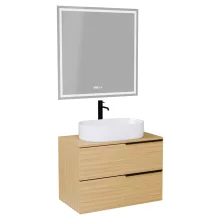 HD Carona Hickory 60/80 komplett fürdőszoba bútor fali mosdószekrénnyel, matt fekete fogantyúkkal, hikoridió színű mosdópulttal és tükörrel