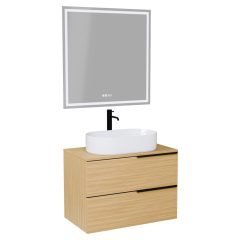   HD Carona Hickory 60/80 komplett fürdőszoba bútor fali mosdószekrénnyel, matt fekete fogantyúkkal, hikoridió színű mosdópulttal és tükörrel