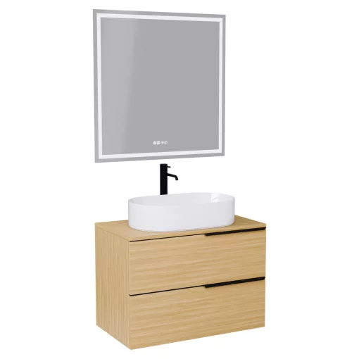 HD Carona Hickory 60/80 komplett fürdőszoba bútor fali mosdószekrénnyel, matt fekete fogantyúkkal, hikoridió színű mosdópulttal és tükörrel