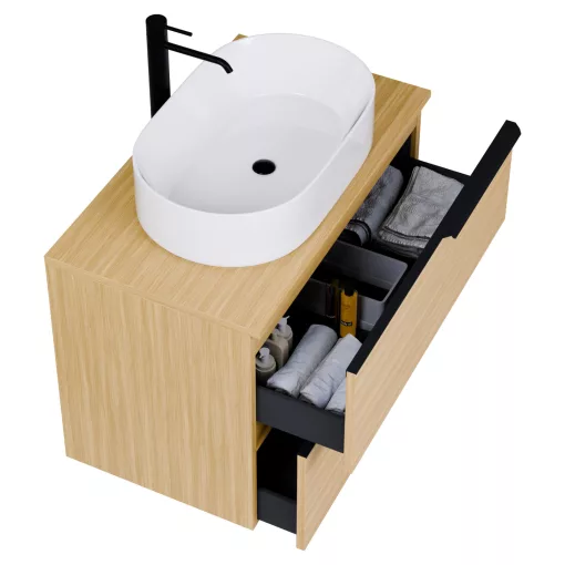 HD Carona Hickory 60/80 komplett fürdőszoba bútor fali mosdószekrénnyel, matt fekete fogantyúkkal, hikoridió színű mosdópulttal és tükörrel