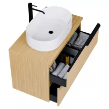 HD Carona Hickory 60/80 komplett fürdőszoba bútor szett fali mosdószekrénnyel, matt fekete fogantyúkkal, hikoridió színű mosdópulttal, tükörrel és magas szekrénnyel