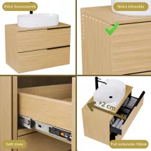 HD Carona Hickory 60/80 komplett fürdőszoba bútor szett fali mosdószekrénnyel, matt fekete fogantyúkkal, hikoridió színű mosdópulttal, tükörrel és magas szekrénnyel