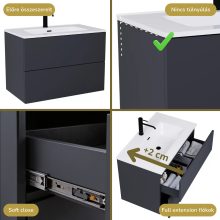 HD Aria Pro Antracit 60 komplett fürdőszoba bútor fali push-to-open mosdószekrénnyel, fényes fehér slim mosdóval és tükörrel