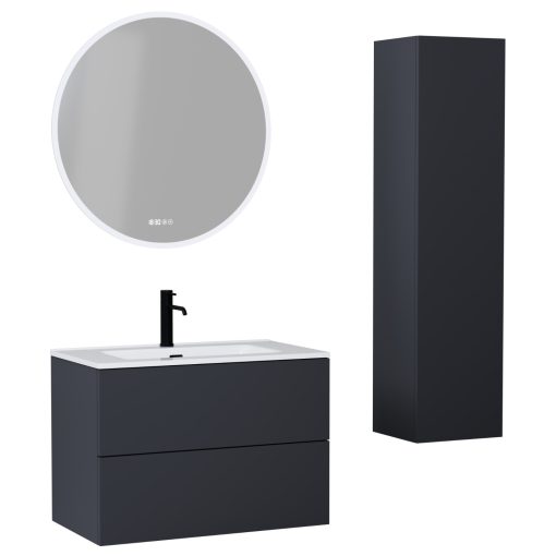 HD Aria Pro Antracit 60 komplett fürdőszoba bútor szett fali push-to-open mosdószekrénnyel, fényes fehér slim mosdóval, tükörrel és magasszekrénnyel