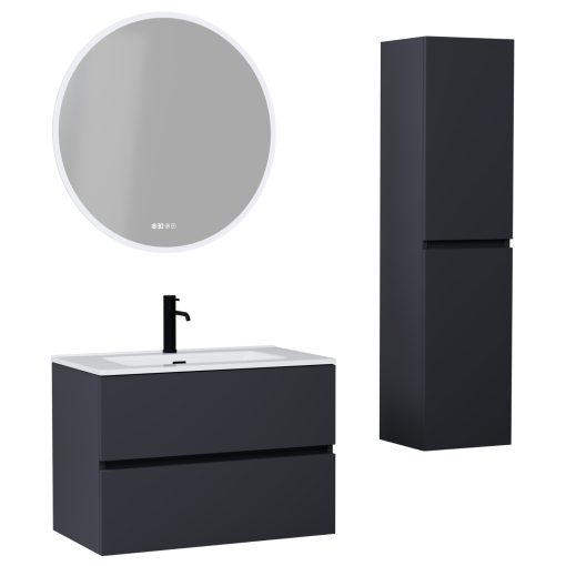 HD Aria Antracit 60 komplett fürdőszoba bútor szett fali mosdószekrénnyel, fényes fehér slim mosdóval, tükörrel és magasszekrénnyel