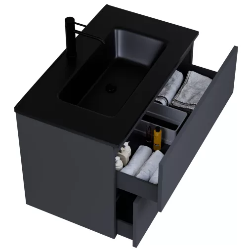 HD Aria Pro Antracit 60 fali mosdószekrény, push-to-open mechanizmussal, matt fekete slim mosdóval