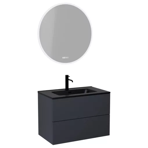 HD Aria Pro Antracit 60 komplett fürdőszoba bútor fali push-to-open mosdószekrénnyel, matt fekete slim mosdóval és tükörrel