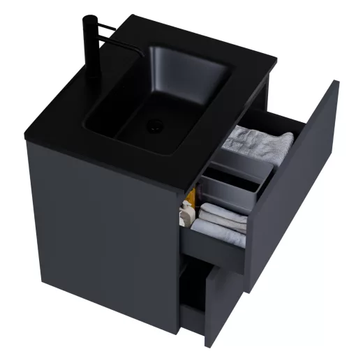 HD Aria Pro Antracit 60 komplett fürdőszoba bútor fali push-to-open mosdószekrénnyel, matt fekete slim mosdóval és tükörrel