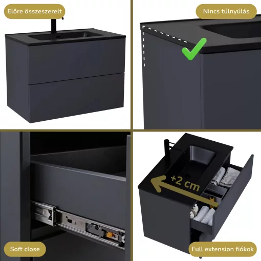 HD Aria Pro Antracit 60 komplett fürdőszoba bútor fali push-to-open mosdószekrénnyel, matt fekete slim mosdóval és tükörrel