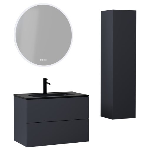 HD Aria Pro Antracit 60 komplett fürdőszoba bútor szett fali push-to-open mosdószekrénnyel, matt fekete slim mosdóval, tükörrel és magasszekrénnyel