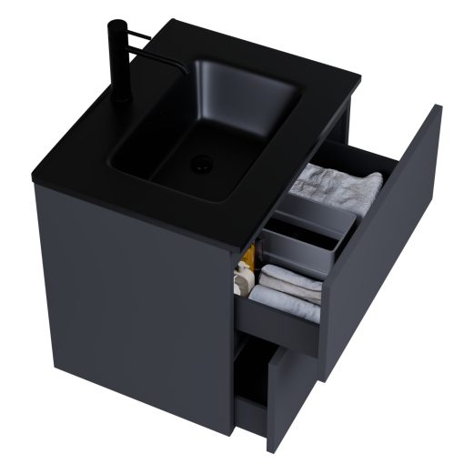 HD Aria Pro Antracit 60 komplett fürdőszoba bútor szett fali push-to-open mosdószekrénnyel, matt fekete slim mosdóval, tükörrel és magasszekrénnyel