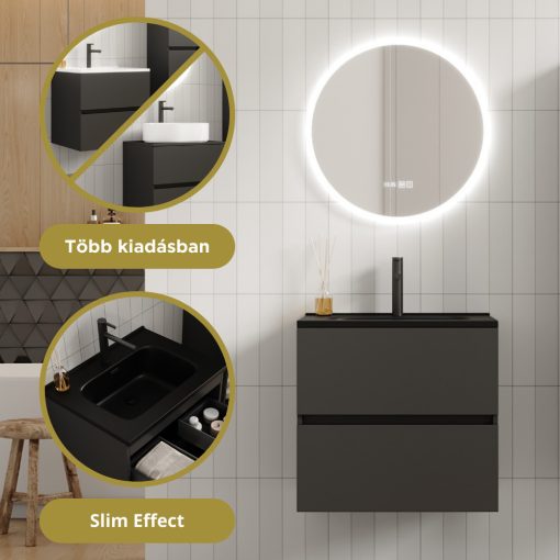 HD Aria Pro Antracit 60 komplett fürdőszoba bútor szett fali push-to-open mosdószekrénnyel, matt fekete slim mosdóval, tükörrel és magasszekrénnyel