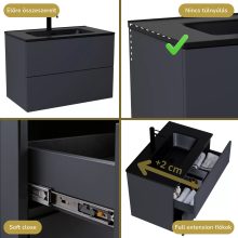 HD Aria Pro Antracit 60 komplett fürdőszoba bútor szett fali push-to-open mosdószekrénnyel, matt fekete slim mosdóval, tükörrel és magasszekrénnyel