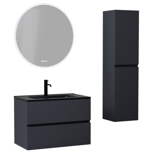 HD Aria Antracit 60 komplett fürdőszoba bútor szett fali mosdószekrénnyel, matt fekete slim mosdóval, tükörrel és magasszekrénnyel