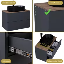 HD Zyra Pro Antracit 60 fali mosdószekrény, push-to-open mechanizmussal, tölgyfa színű mosdópulttal