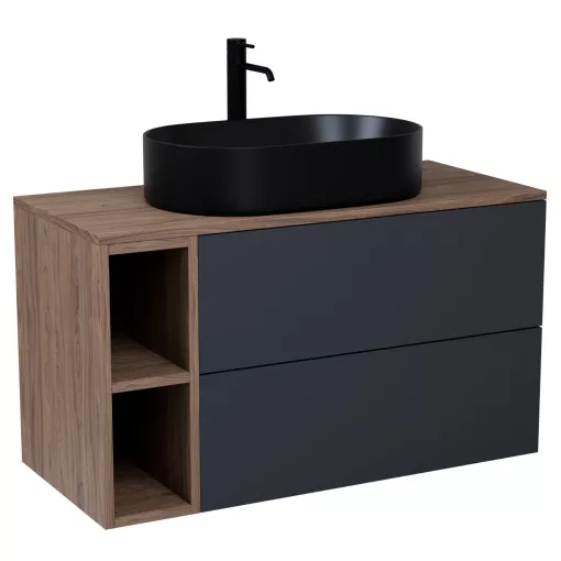 HD Zyra Pro+ Antracit 80 fali mosdószekrény, push-to-open mechanizmussal, oak mosdópulttal és kiegészítő oak fali modullal