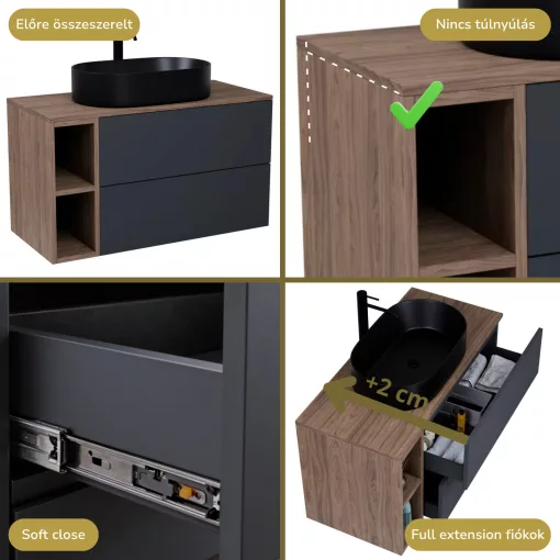HD Zyra Pro+ Antracit 80 fali mosdószekrény, push-to-open mechanizmussal, oak mosdópulttal és kiegészítő oak fali modullal