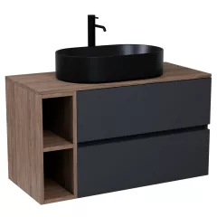   HD Zyra+ Antracit 80/100 fali mosdószekrény oak mosdópulttal és kiegészítő oak fali modullal