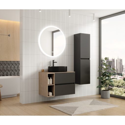 HD Zyra+ Antracit 80/100 fali mosdószekrény oak mosdópulttal és kiegészítő oak fali modullal