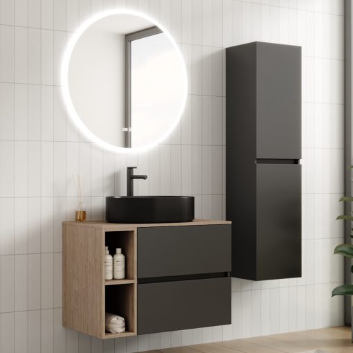 HD Zyra+ Antracit 80/100 fali mosdószekrény oak mosdópulttal és kiegészítő oak fali modullal