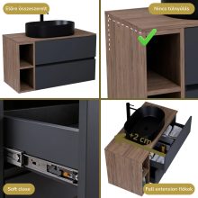 HD Zyra+ Antracit 80/100 fali mosdószekrény oak mosdópulttal és kiegészítő oak fali modullal