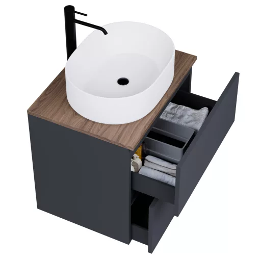 HD Zyra Pro Antracit 60 komplett fürdőszoba bútor fali push-to-open mosdószekrénnyel, tölgyfa színű mosdópulttal és tükörrel