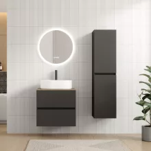 HD Zyra Pro Antracit 60 komplett fürdőszoba bútor fali push-to-open mosdószekrénnyel, tölgyfa színű mosdópulttal és tükörrel