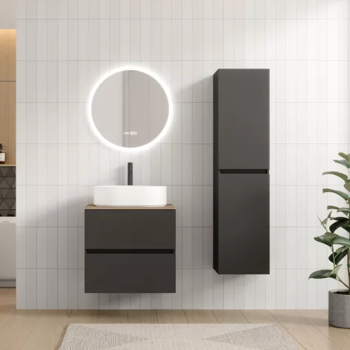 HD Zyra Pro Antracit 60 komplett fürdőszoba bútor fali push-to-open mosdószekrénnyel, tölgyfa színű mosdópulttal és tükörrel