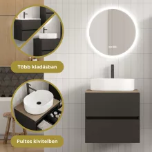 HD Zyra Pro Antracit 60 komplett fürdőszoba bútor fali push-to-open mosdószekrénnyel, tölgyfa színű mosdópulttal és tükörrel