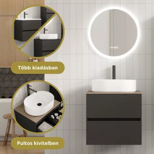 HD Zyra Pro Antracit 60 komplett fürdőszoba bútor fali push-to-open mosdószekrénnyel, tölgyfa színű mosdópulttal és tükörrel