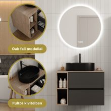 HD Zyra Pro+ Antracit 80 komplett fürdőszoba bútor fali push-to-open mosdószekrénnyel, oak mosdópulttal, kiegészítő oak fali modullal és tükörrel