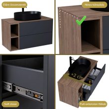 HD Zyra Pro+ Antracit 80 komplett fürdőszoba bútor fali push-to-open mosdószekrénnyel, oak mosdópulttal, kiegészítő oak fali modullal és tükörrel