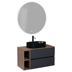   HD Zyra+ Antracit 80/100 komplett fürdőszoba bútor fali mosdószekrénnyel, oak mosdópulttal, kiegészítő oak fali modullal és tükörrel