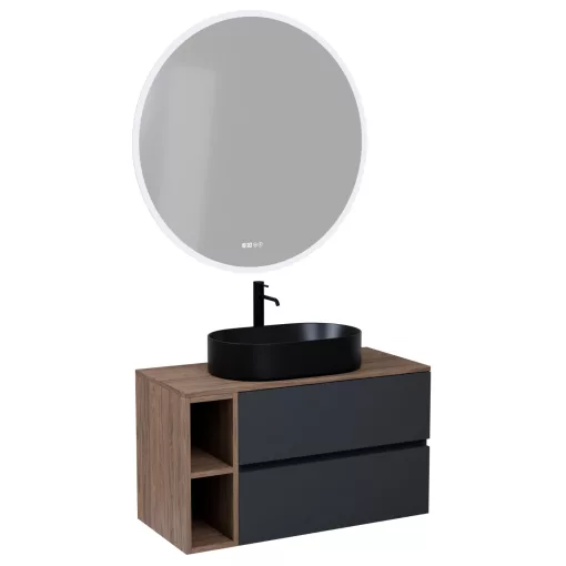 HD Zyra+ Antracit 80/100 komplett fürdőszoba bútor fali mosdószekrénnyel, oak mosdópulttal, kiegészítő oak fali modullal és tükörrel