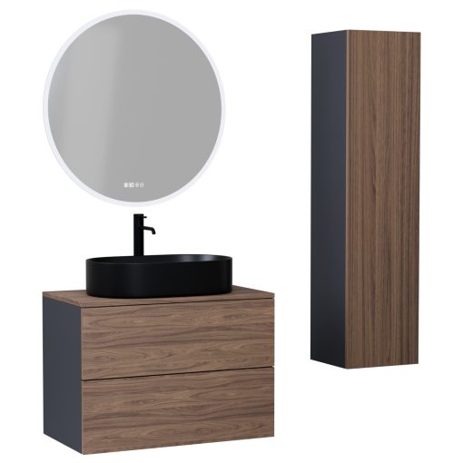 HD Zyra Pro Antracit 60 komplett fürdőszoba bútor szett fali push-to-open mosdószekrénnyel, tölgyfa színű mosdópulttal, tükörrel és magasszekrénnyel