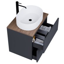 HD Zyra Pro Antracit 60 komplett fürdőszoba bútor szett fali push-to-open mosdószekrénnyel, tölgyfa színű mosdópulttal, tükörrel és magasszekrénnyel