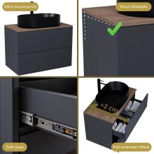 HD Zyra Pro Antracit 60 komplett fürdőszoba bútor szett fali push-to-open mosdószekrénnyel, tölgyfa színű mosdópulttal, tükörrel és magasszekrénnyel