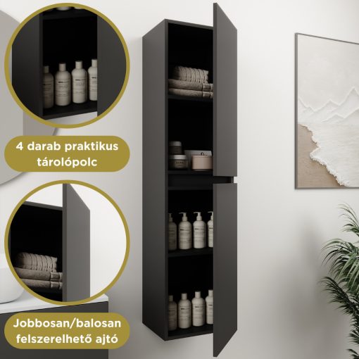 HD Zyra Pro Antracit 60 komplett fürdőszoba bútor szett fali push-to-open mosdószekrénnyel, tölgyfa színű mosdópulttal, tükörrel és magasszekrénnyel