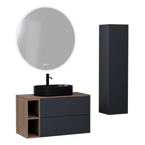 HD Zyra Pro+ Antracit 80 komplett fürdőszoba bútor szett fali push-to-open mosdószekrénnyel, oak mosdópulttal, kiegészítő oak fali modullal, tükörrel és magasszekrénnyel