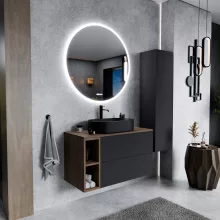 HD Zyra Pro+ Antracit 80 komplett fürdőszoba bútor szett fali push-to-open mosdószekrénnyel, oak mosdópulttal, kiegészítő oak fali modullal, tükörrel és magasszekrénnyel