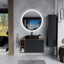 HD Zyra Pro+ Antracit 80 komplett fürdőszoba bútor szett fali push-to-open mosdószekrénnyel, oak mosdópulttal, kiegészítő oak fali modullal, tükörrel és magasszekrénnyel