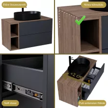 HD Zyra Pro+ Antracit 80 komplett fürdőszoba bútor szett fali push-to-open mosdószekrénnyel, oak mosdópulttal, kiegészítő oak fali modullal, tükörrel és magasszekrénnyel