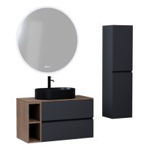 HD Zyra+ Antracit 80/100 komplett fürdőszoba bútor szett fali mosdószekrénnyel, oak mosdópulttal, kiegészítő oak fali modullal, tükörrel és magasszekrénnyel