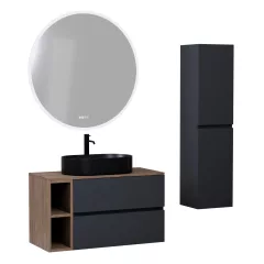   HD Zyra+ Antracit 80/100 komplett fürdőszoba bútor szett fali mosdószekrénnyel, oak mosdópulttal, kiegészítő oak fali modullal, tükörrel és magasszekrénnyel