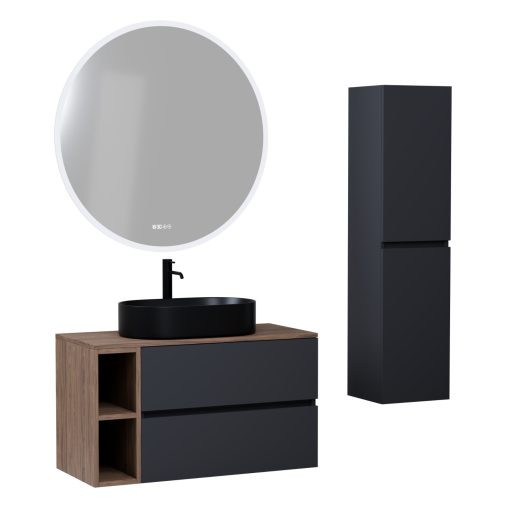 HD Zyra+ Antracit 80/100 komplett fürdőszoba bútor szett fali mosdószekrénnyel, oak mosdópulttal, kiegészítő oak fali modullal, tükörrel és magasszekrénnyel