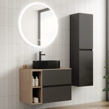 HD Zyra+ Antracit 80/100 komplett fürdőszoba bútor szett fali mosdószekrénnyel, oak mosdópulttal, kiegészítő oak fali modullal, tükörrel és magasszekrénnyel